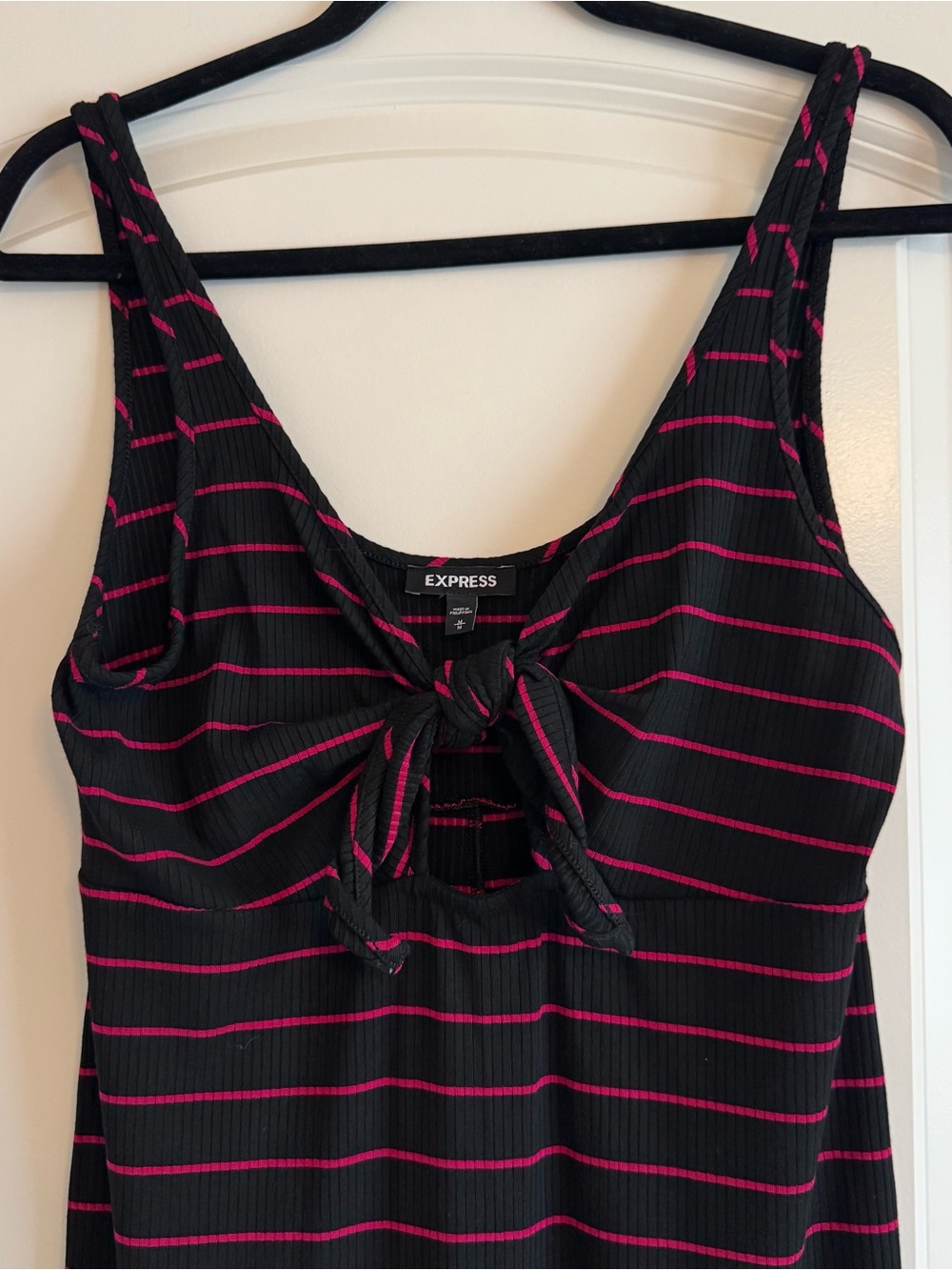 Express Black Dress with Hot Pink Stripes and Cut-Out Front Tie Detail